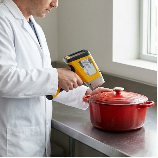 A scientist in a white lab coat holding a yellow handheld XRF analyzer pointed at a red enameled cast-iron Dutch oven on a stainless lab bench